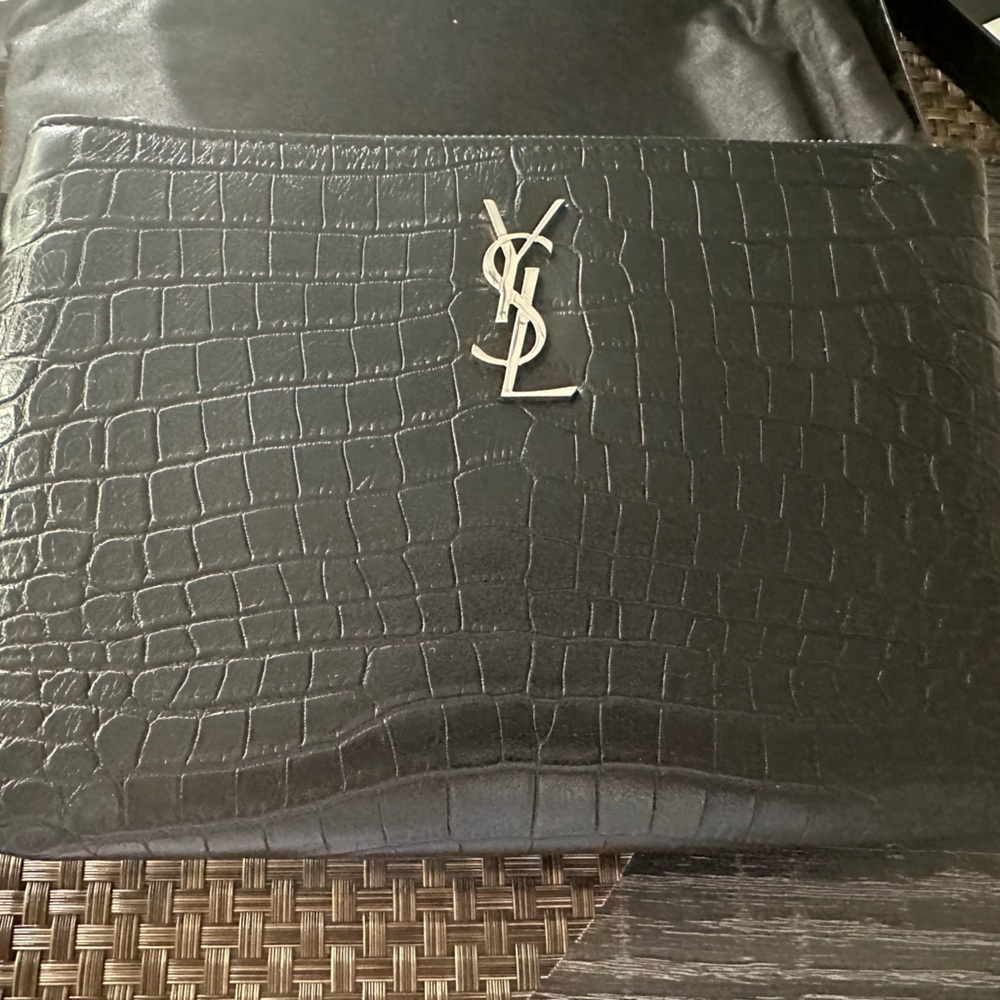 YSL black crocodiles pattern wristlet